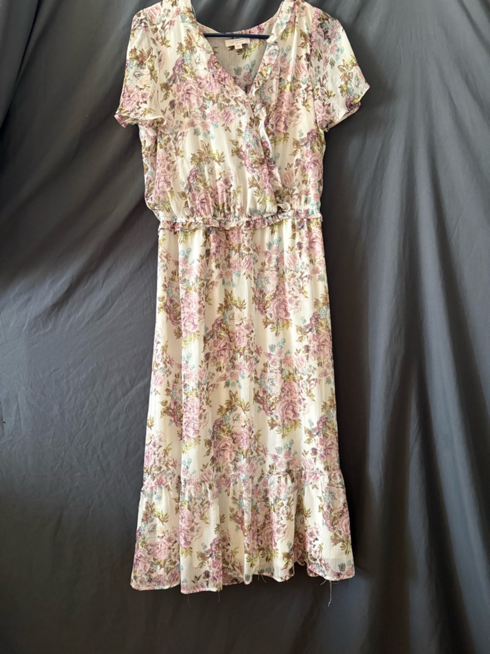 LC Lauren Conrad Cream Floral Midi Dress with Pink Roses and Green Leaves